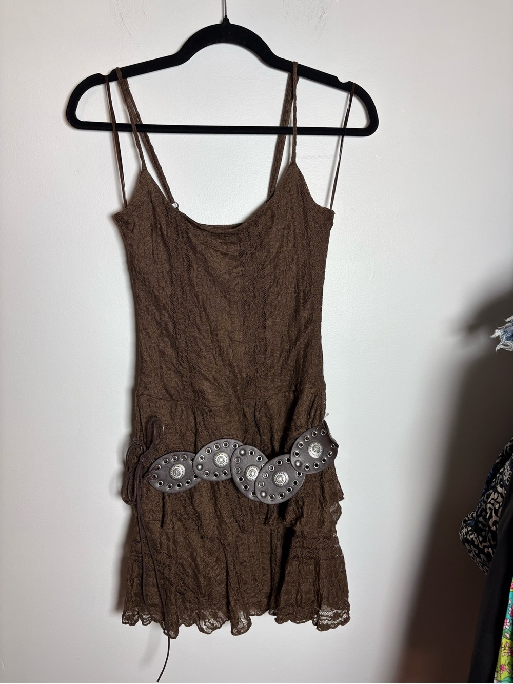 Brown Lace Mini Dress with Studded Belt